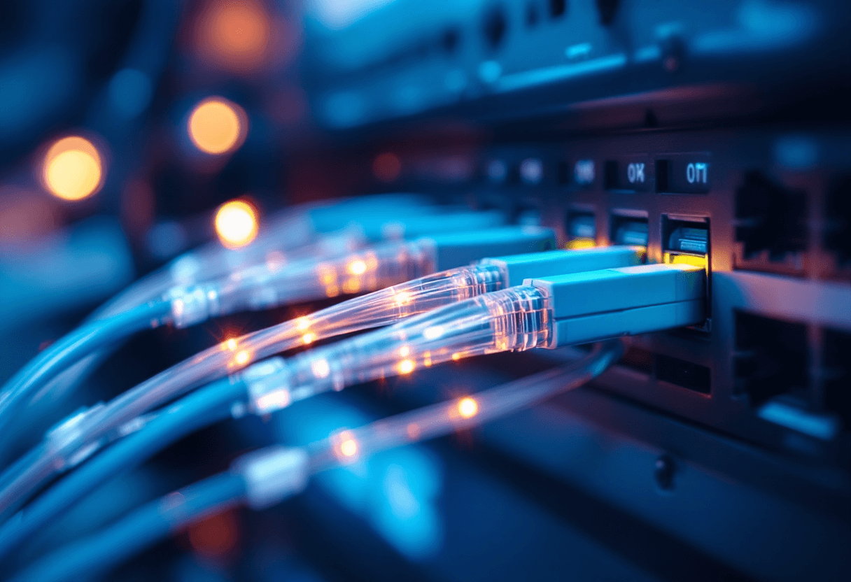 gros plan sur des câbles à fibre optique lumineux connectés à une boîte réseau