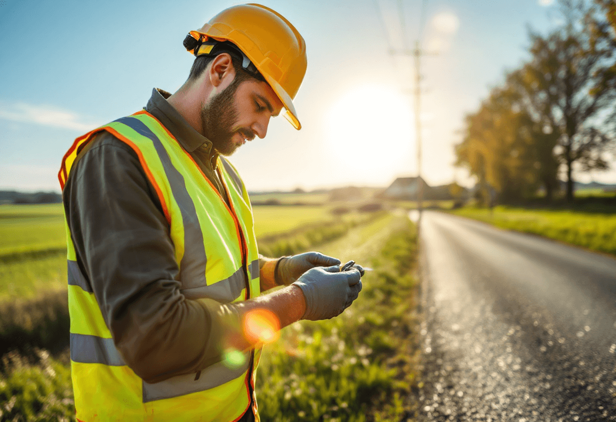 installation de la fibre optique sur une route rurale en Normandie