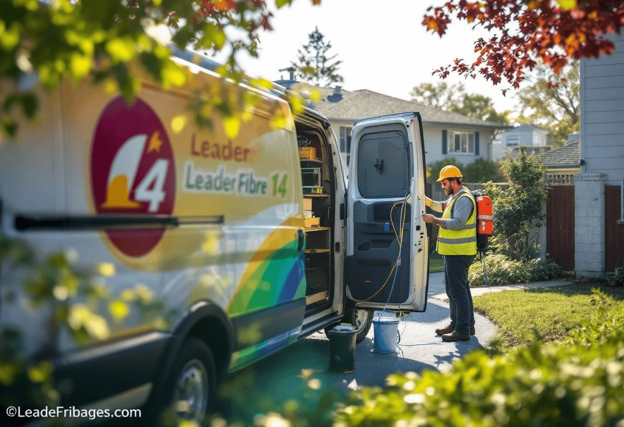 fourgon Leader Fibre 14 garé près d’une maison pendant une installation internet